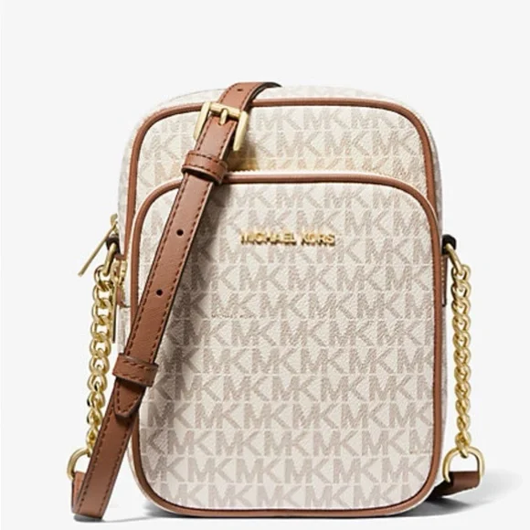 Michael Kors Jet Travel medium Beige and Brown Crossbody Bag NWT - Picture 2 of 8